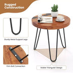 Costway Table d'appoint ronde en bois de teck massif 50,8 cm avec bords naturels et cadre en métal