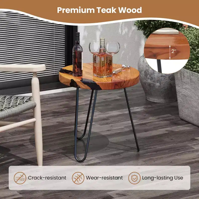 Costway Table d'appoint ronde en bois de teck massif 50,8 cm avec bords naturels et cadre en métal