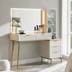 Coiffeuses cannelées avec miroir lumineux HD 36", grande coiffeuse moderne 48" avec plateau en verre, 5 tiroirs et étagères, table de maquillage