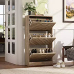 Meuble à chaussures Famapy 3 tiroirs grain de bois marron avec plateau rabattable et ajouré