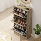 Meuble à chaussures Famapy 3 tiroirs grain de bois marron avec plateau rabattable et ajouré