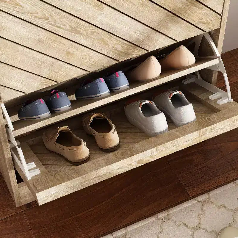 Meuble à chaussures Famapy 3 tiroirs grain de bois marron avec plateau rabattable et ajouré