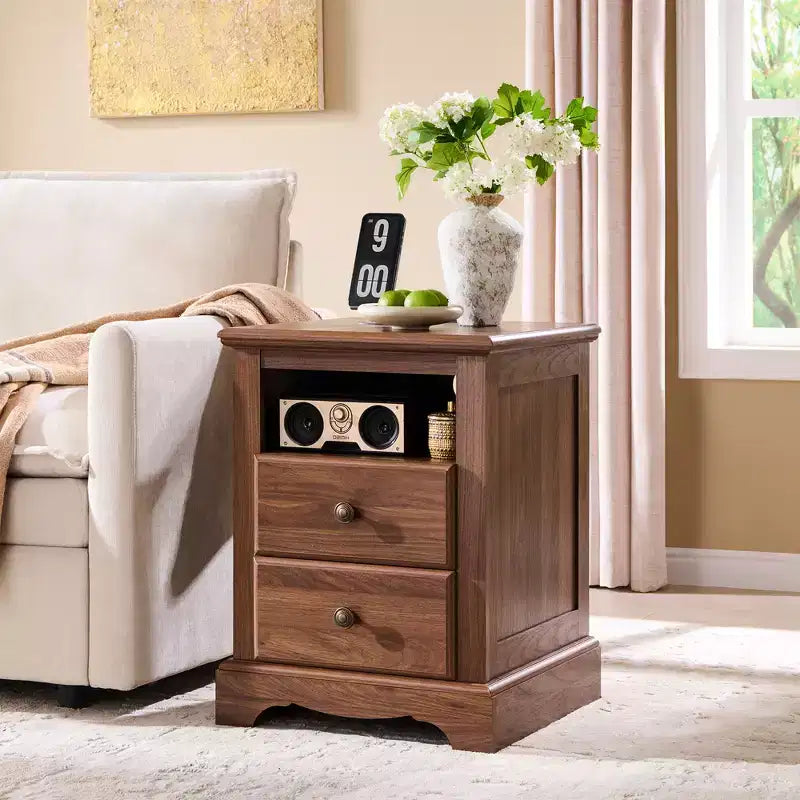18 Table de chevet vintage avec station de charge, Table d'appoint avec 2 tiroirs pour chambre, salon