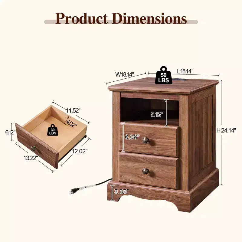 18 Table de chevet vintage avec station de charge, Table d'appoint avec 2 tiroirs pour chambre, salon