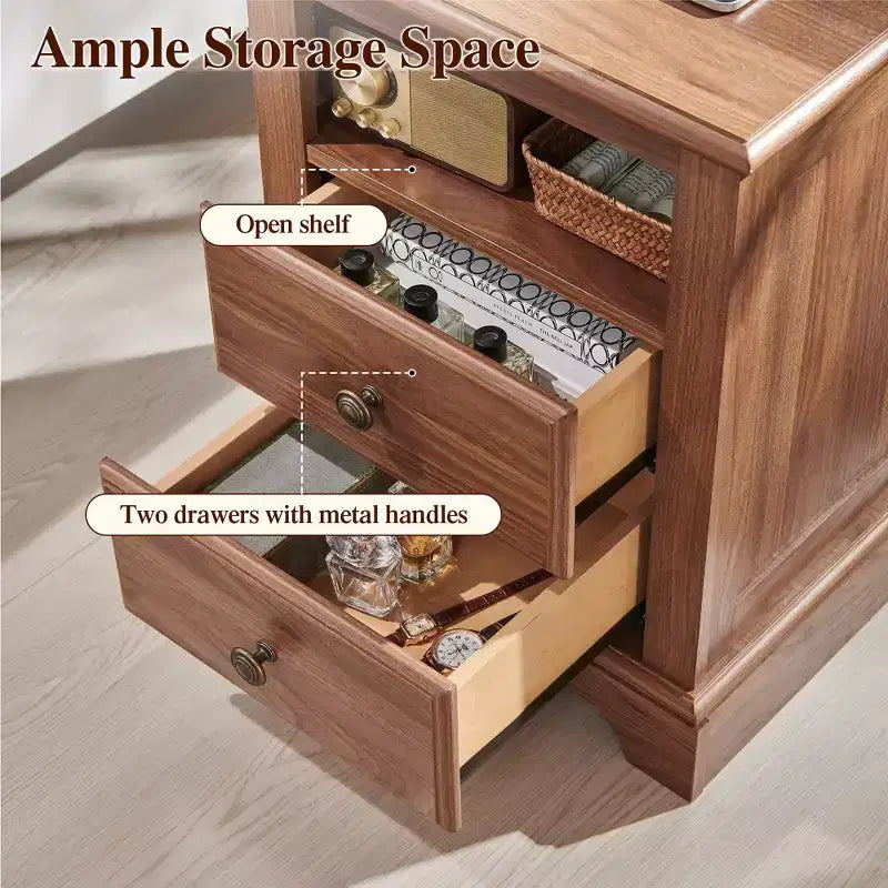 18 Table de chevet vintage avec station de charge, Table d'appoint avec 2 tiroirs pour chambre, salon