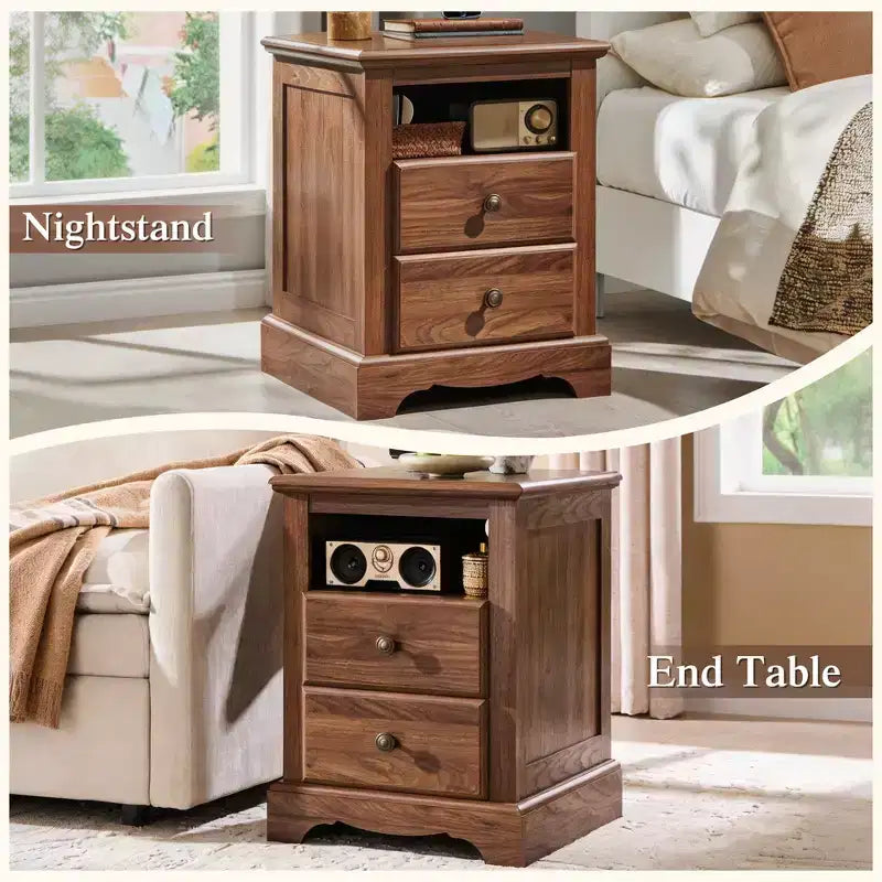 18 Table de chevet vintage avec station de charge, Table d'appoint avec 2 tiroirs pour chambre, salon