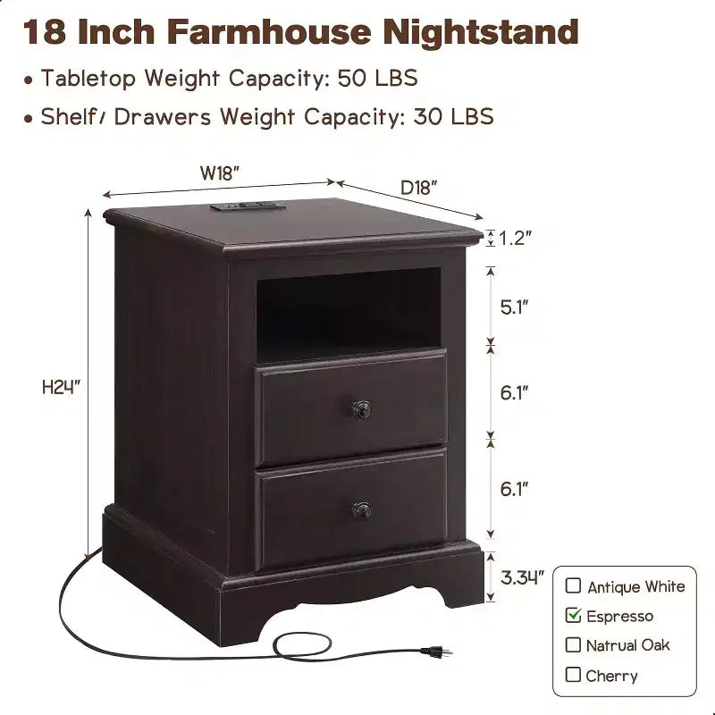 18 Table de chevet vintage avec station de charge, Table d'appoint avec 2 tiroirs pour chambre, salon