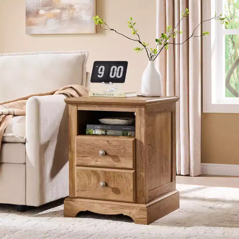 18 Table de chevet vintage avec station de charge, Table d'appoint avec 2 tiroirs pour chambre, salon