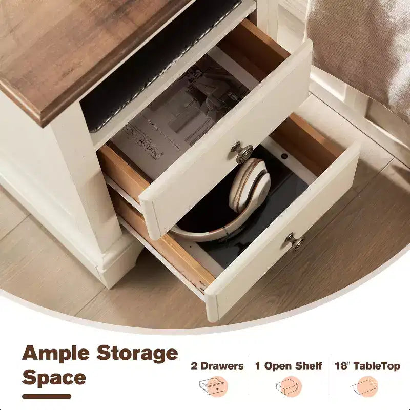 18 Table de chevet vintage avec station de charge, Table d'appoint avec 2 tiroirs pour chambre, salon