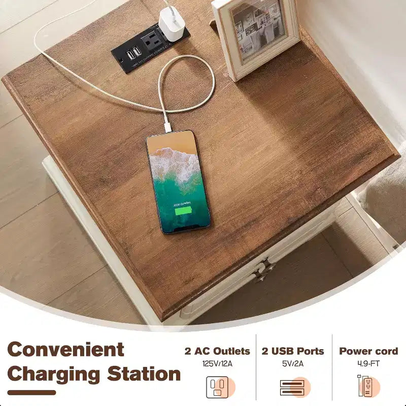 18 Table de chevet vintage avec station de charge, Table d'appoint avec 2 tiroirs pour chambre, salon