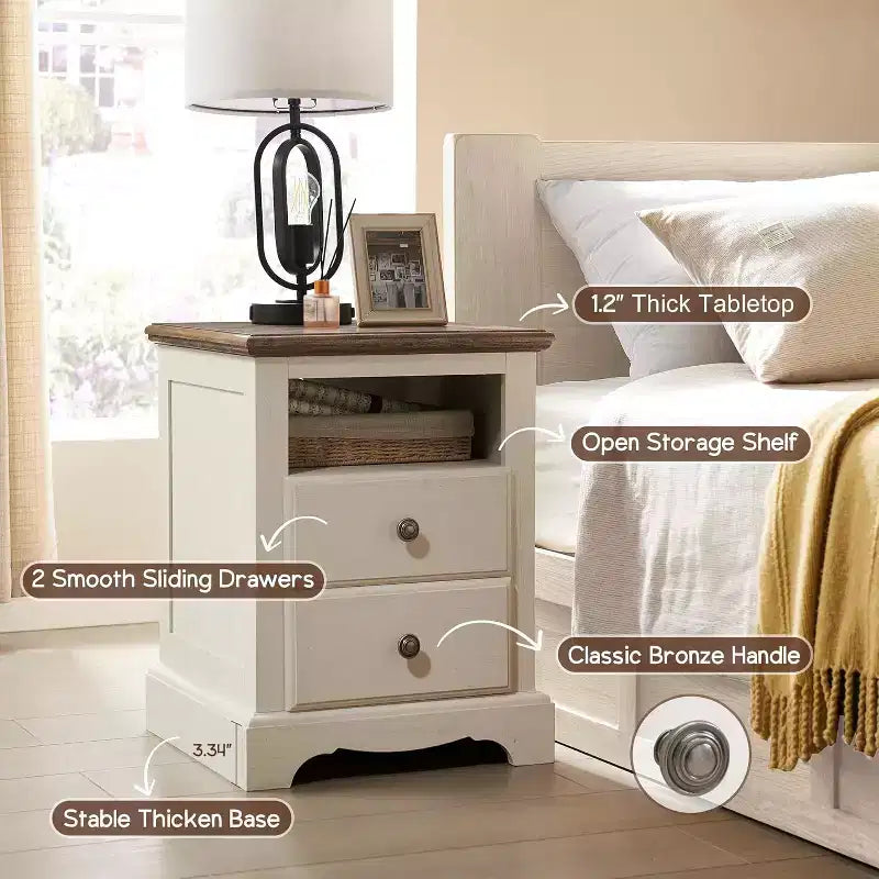 18 Table de chevet vintage avec station de charge, Table d'appoint avec 2 tiroirs pour chambre, salon