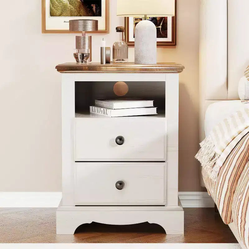 18 Table de chevet vintage avec station de charge, Table d'appoint avec 2 tiroirs pour chambre, salon
