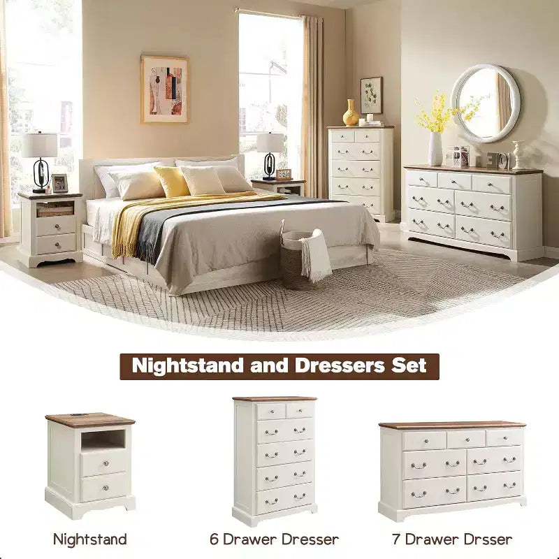 18 Table de chevet vintage avec station de charge, Table d'appoint avec 2 tiroirs pour chambre, salon