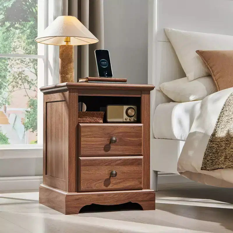 18 Table de chevet vintage avec station de charge, Table d'appoint avec 2 tiroirs pour chambre, salon