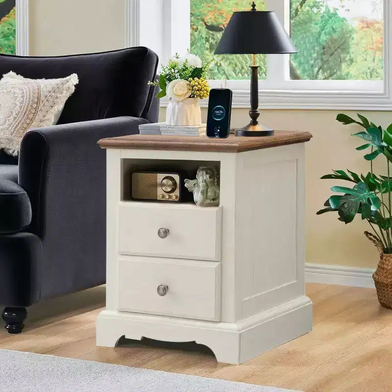 18 Table de chevet vintage avec station de charge, Table d'appoint avec 2 tiroirs pour chambre, salon
