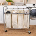 Trieur de linge quadruple robuste, chariot de tri de linge roulant, chariot de tri de linge à 4 sacs avec sacs lavables et amovibles, chromé