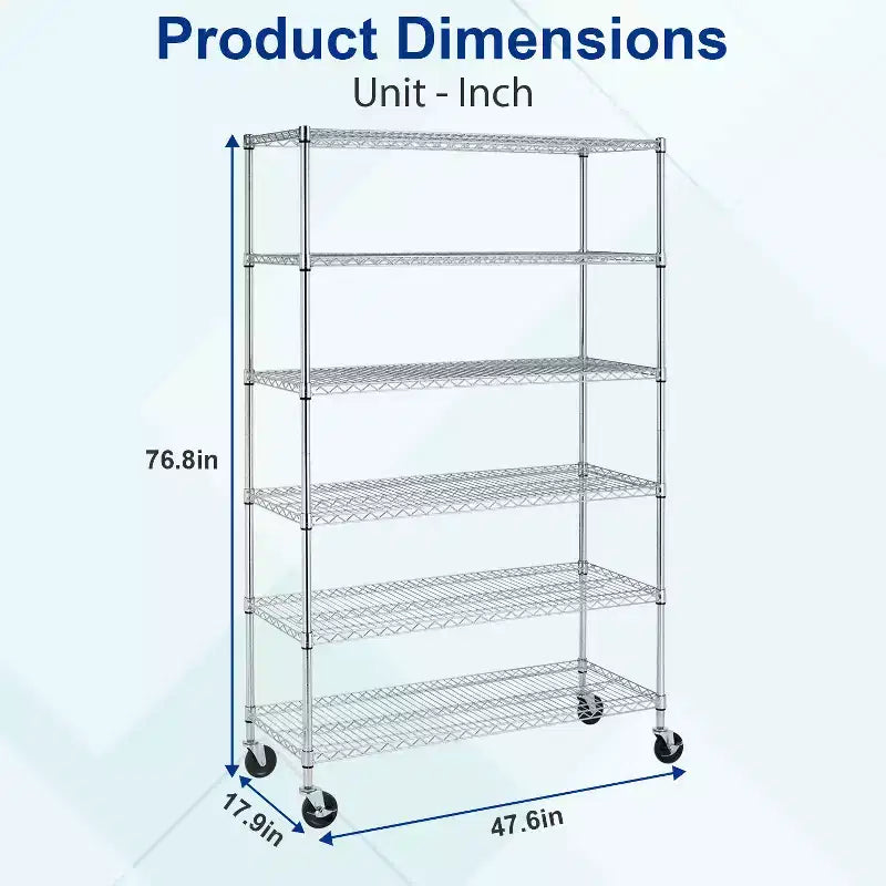 BestMassage Étagère métallique réglable à 6 niveaux, unité de rayonnage en fil métallique avec roues, solution de rangement peu encombrante pour garage et sous-sol