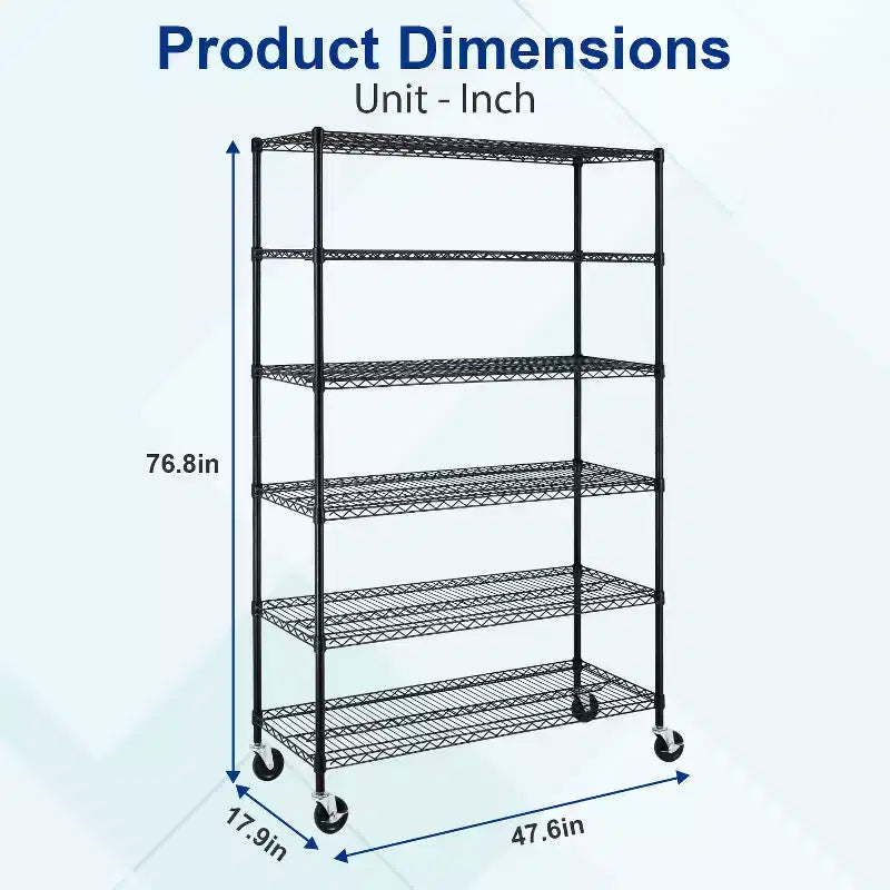 BestMassage Étagère métallique réglable à 6 niveaux, unité de rayonnage en fil métallique avec roues, solution de rangement peu encombrante pour garage et sous-sol