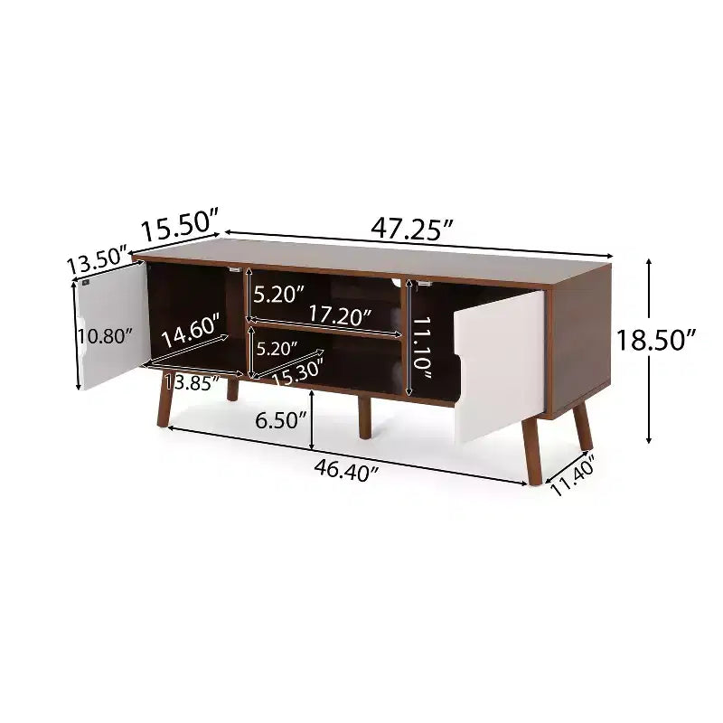 Meuble TV en bois GDFStudio Zapara 47,25 po avec 2 armoires, noyer et blanc