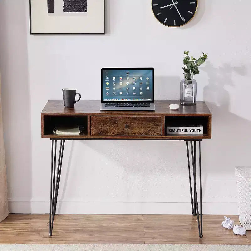 VECELO Bureau informatique 99,8 cm Table de travail pour bureau à domicile avec tiroirs Table d'étude Noir/Marron/Gris