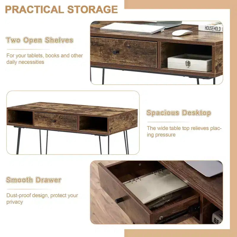 VECELO Bureau informatique 99,8 cm Table de travail pour bureau à domicile avec tiroirs Table d'étude Noir/Marron/Gris