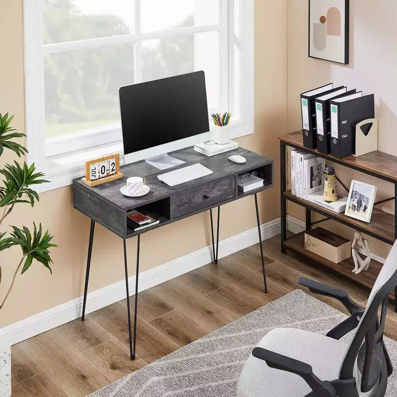 VECELO Bureau informatique 99,8 cm Table de travail pour bureau à domicile avec tiroirs Table d'étude Noir/Marron/Gris
