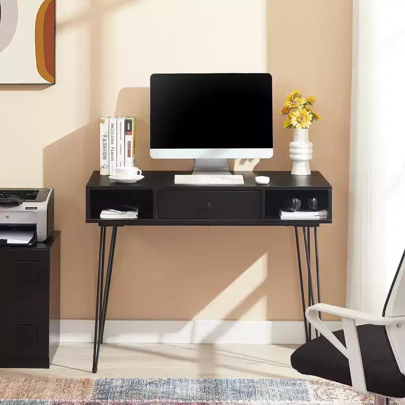 VECELO Bureau informatique 99,8 cm Table de travail pour bureau à domicile avec tiroirs Table d'étude Noir/Marron/Gris