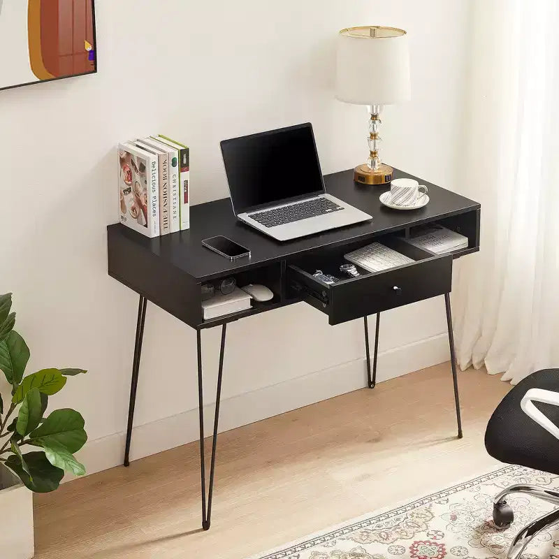 VECELO Bureau informatique 99,8 cm Table de travail pour bureau à domicile avec tiroirs Table d'étude Noir/Marron/Gris