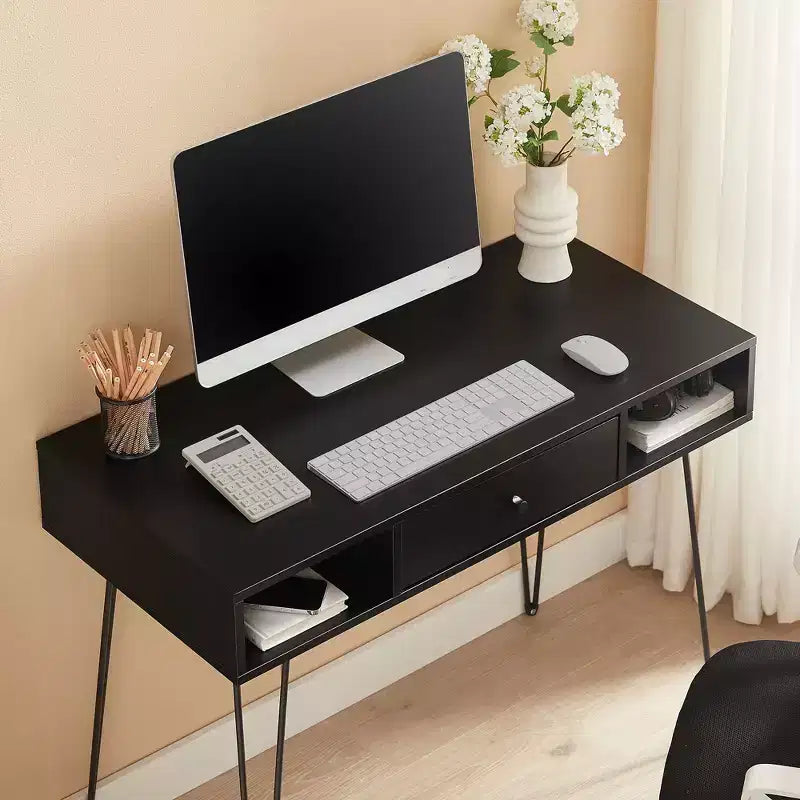 VECELO Bureau informatique 99,8 cm Table de travail pour bureau à domicile avec tiroirs Table d'étude Noir/Marron/Gris