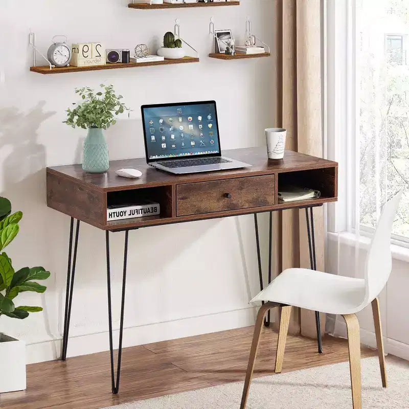 VECELO Bureau informatique 99,8 cm Table de travail pour bureau à domicile avec tiroirs Table d'étude Noir/Marron/Gris
