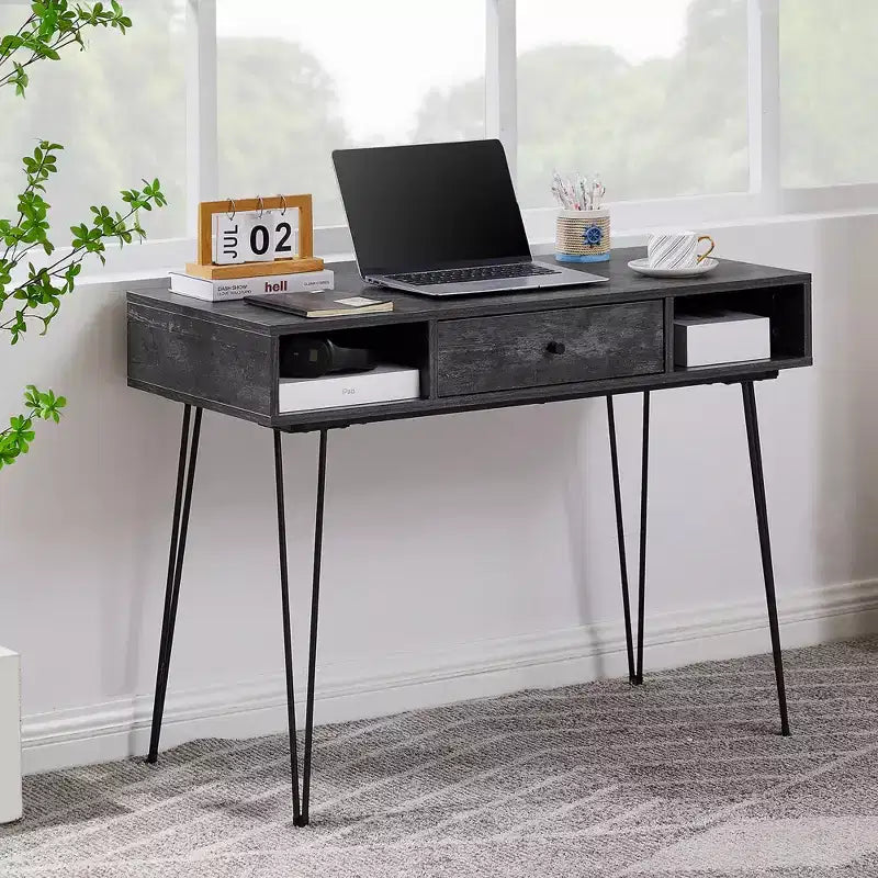 VECELO Bureau informatique 99,8 cm Table de travail pour bureau à domicile avec tiroirs Table d'étude Noir/Marron/Gris