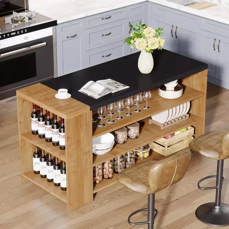 Îlot de cuisine Lantine 55 avec 5 étagères, table d'îlot fixe de ferme à 5 niveaux, meuble de rangement de table de bar en bois avec comptoir