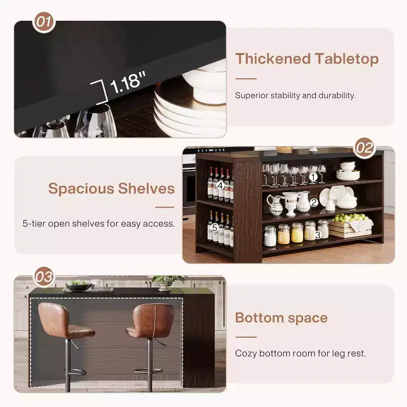 Îlot de cuisine Lantine 55 avec 5 étagères, table d'îlot fixe de ferme à 5 niveaux, meuble de rangement de table de bar en bois avec comptoir