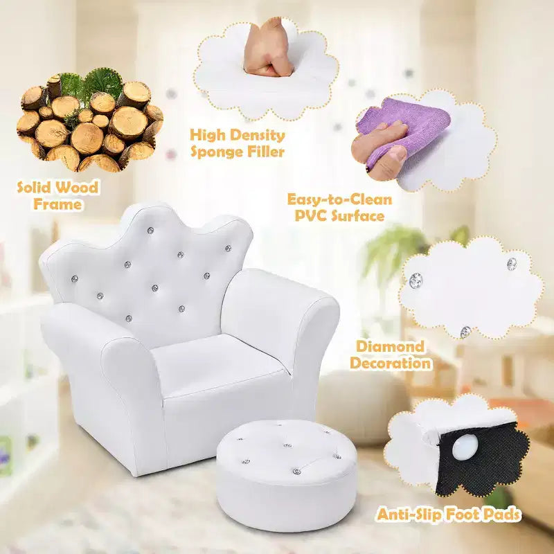 Canapé pour enfants Costway, canapé-lit pour tout-petits, fauteuil de princesse pour enfants avec pouf, blanc/rose
