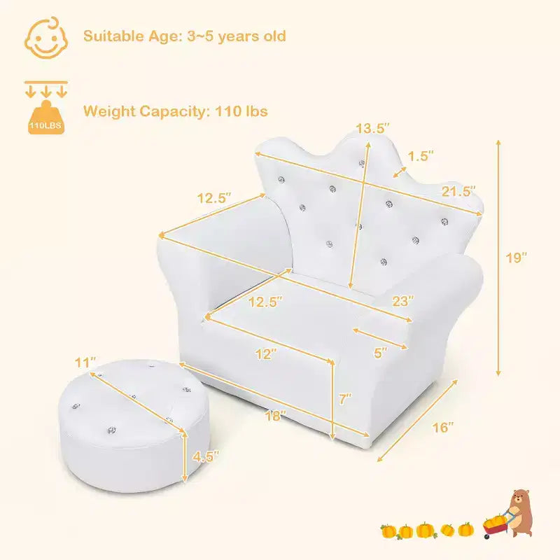 Canapé pour enfants Costway, canapé-lit pour tout-petits, fauteuil de princesse pour enfants avec pouf, blanc/rose