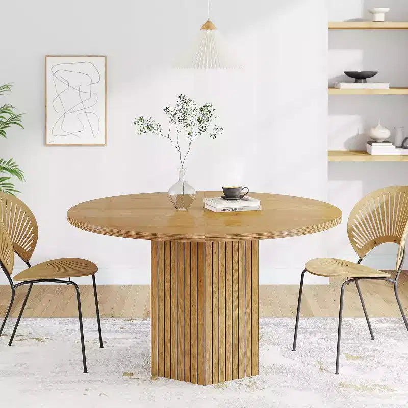 Table à manger en bois Lantine pour salle à manger, table ronde de 119 cm pour 4 personnes avec pied piédestal et plateau en chêne circulaire