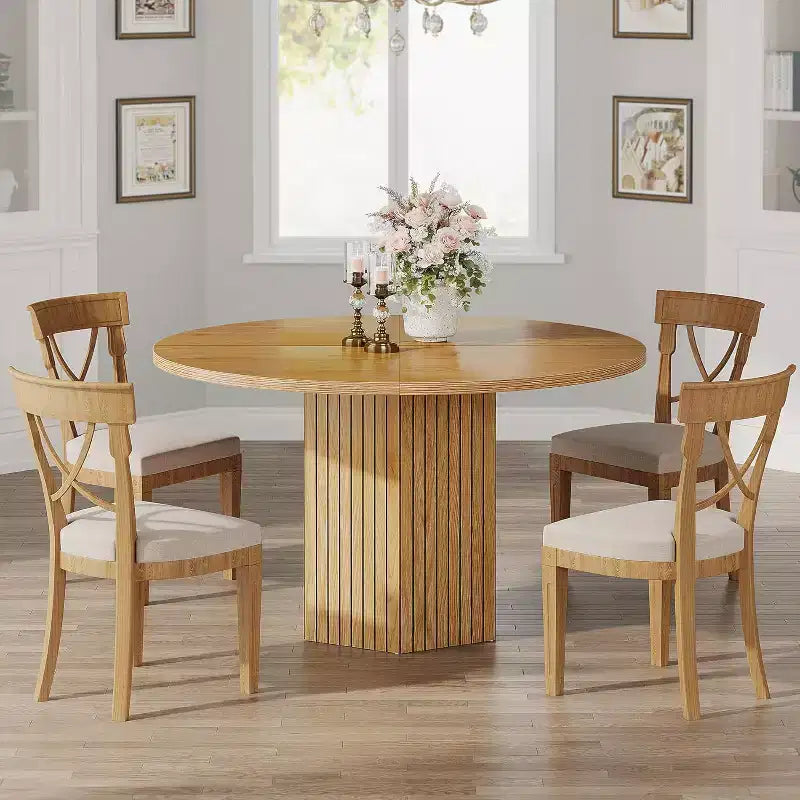 Table à manger en bois Lantine pour salle à manger, table ronde de 119 cm pour 4 personnes avec pied piédestal et plateau en chêne circulaire