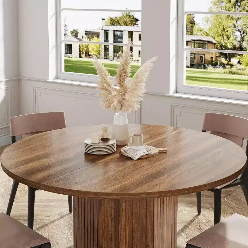 Table à manger en bois Lantine pour salle à manger, table ronde de 119 cm pour 4 personnes avec pied piédestal et plateau en chêne circulaire