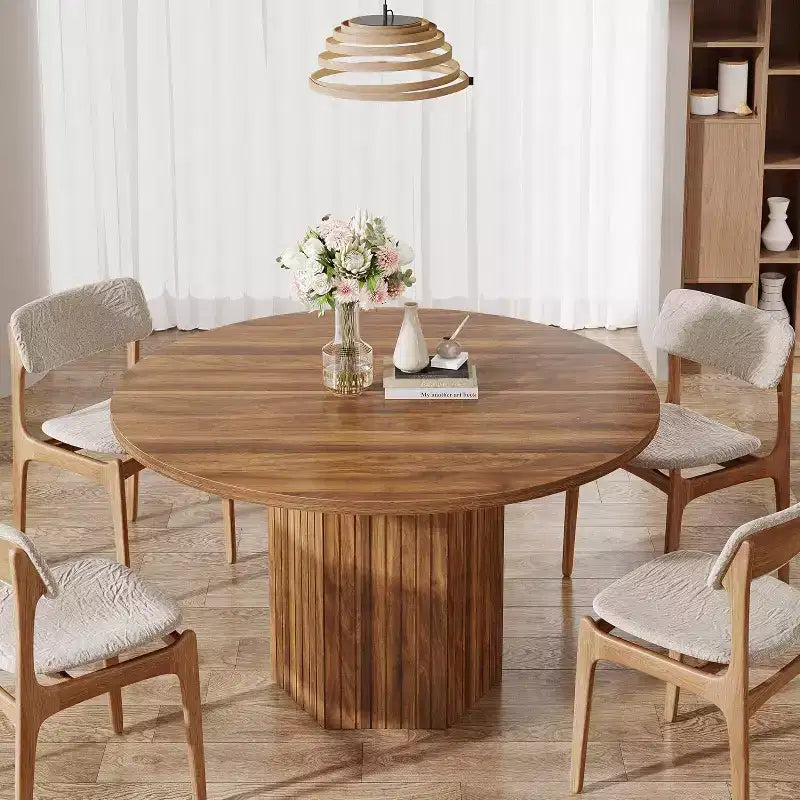 Table à manger en bois Lantine pour salle à manger, table ronde de 119 cm pour 4 personnes avec pied piédestal et plateau en chêne circulaire
