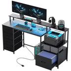 HOMCOM Bureau informatique 170 cm avec classeur, bureau de télétravail avec prises de courant et lumières LED, support d'écran et étagère pour imprimante