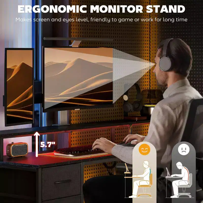 HOMCOM Bureau informatique 170 cm avec classeur, bureau de télétravail avec prises de courant et lumières LED, support d'écran et étagère pour imprimante