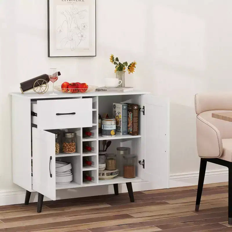 Meuble de bar à vin 2 portes Costway, buffet de cuisine avec tiroir et étagères réglables Noir/Naturel