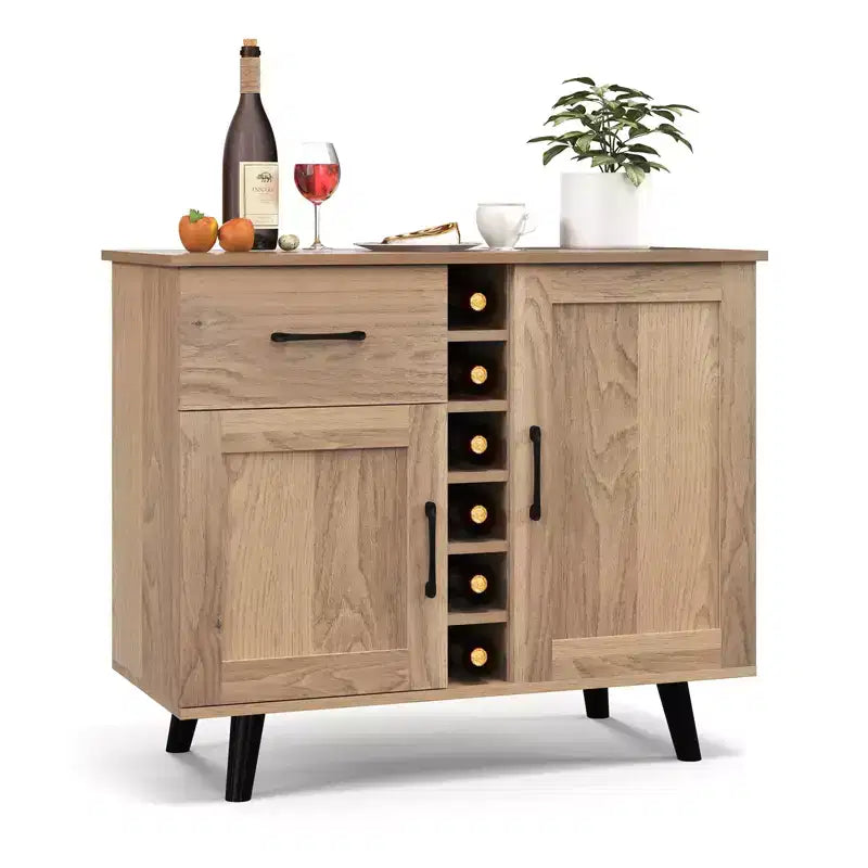 Meuble de bar à vin 2 portes Costway, buffet de cuisine avec tiroir et étagères réglables Noir/Naturel