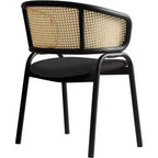 Chaise de salle à manger LeisureMod Ervilla en osier avec assise en cuir et cadre en acier noir, assise confortable pour salles à manger et cuisines