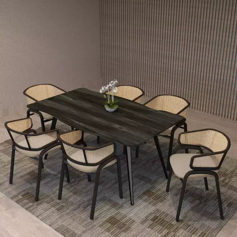 Chaise de salle à manger LeisureMod Ervilla en osier avec assise en cuir et cadre en acier noir, assise confortable pour salles à manger et cuisines