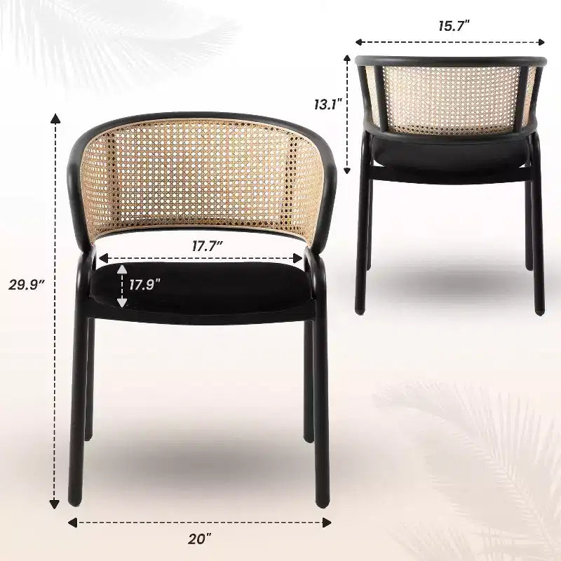 Chaise de salle à manger LeisureMod Ervilla en osier avec assise en cuir et cadre en acier noir, assise confortable pour salles à manger et cuisines