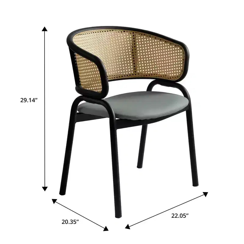 Chaise de salle à manger LeisureMod Ervilla en osier avec assise en cuir et cadre en acier noir, assise confortable pour salles à manger et cuisines