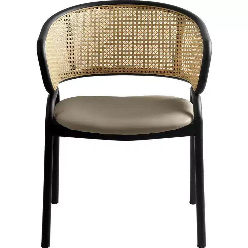 Chaise de salle à manger LeisureMod Ervilla en osier avec assise en cuir et cadre en acier noir, assise confortable pour salles à manger et cuisines