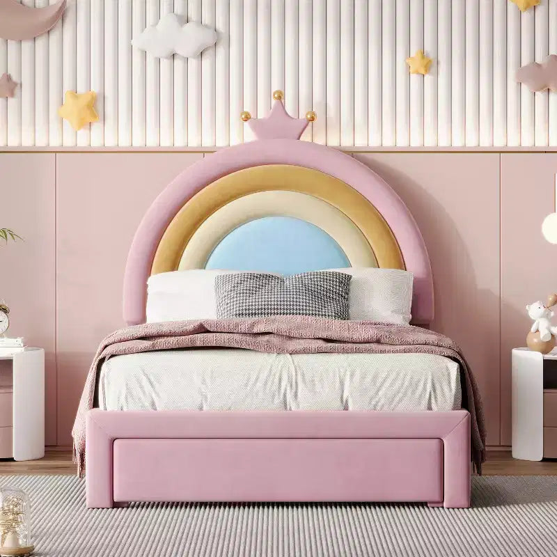 Lit plateforme ModernLuxe en velours capitonné, design arc-en-ciel, taille double/pleine, avec tiroir de rangement, rose
