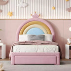 Lit plateforme ModernLuxe en velours capitonné, design arc-en-ciel, taille double/pleine, avec tiroir de rangement, rose